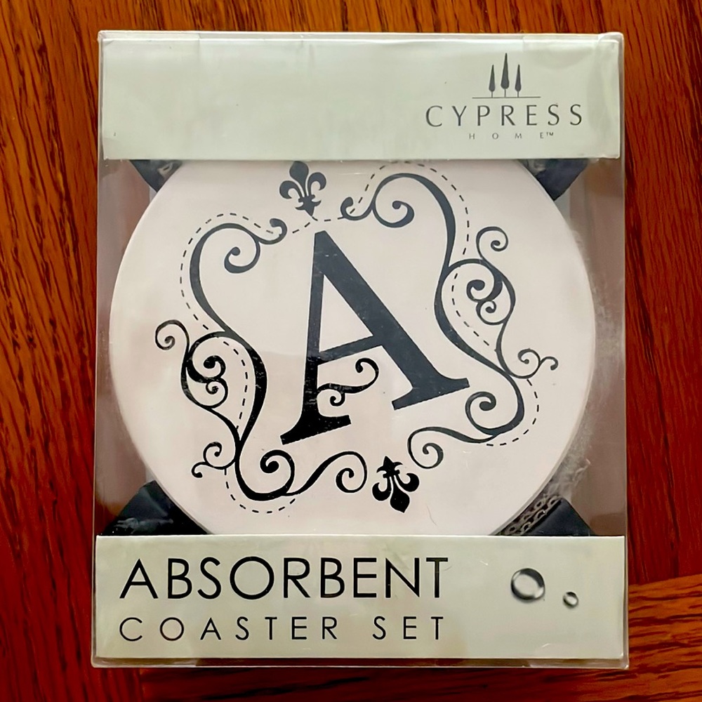 “A” initial coasters (new in box)